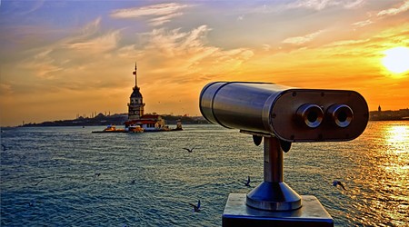 Looking over to the Maiden Tower, in Istanbul-Turkey. (Known as Kiz Kulesi in Turkey.)  の写真素材