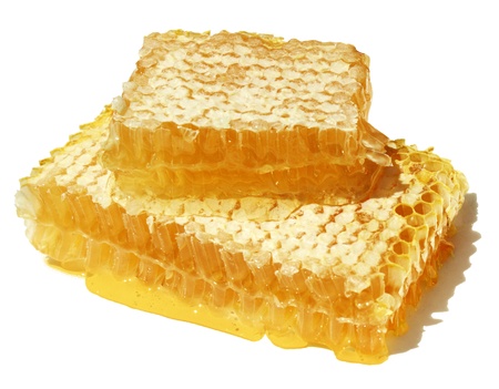 Honeycomb closeup with drops of fresh honey  Isolated on whiteの写真素材
