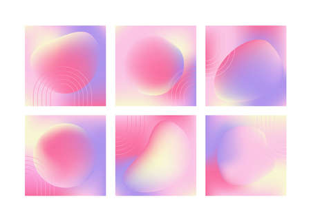 Hologram blurred shape set with a blurred abstract iridescent holographic foil background. Vector banner, poster, social media post template.のイラスト素材