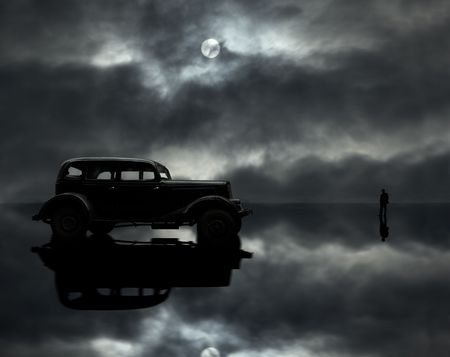 retro car,man and moonの写真素材