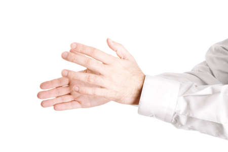 hand of businessman isolated on white background, focus on nearest handの写真素材