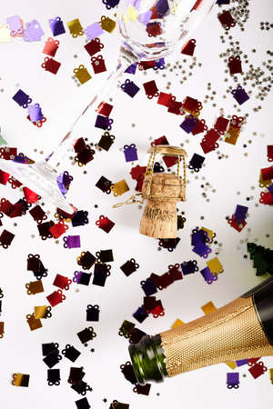 Party background, selective focus on the champagne corkの写真素材