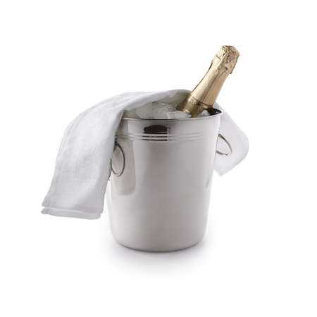 champagne bucket with ice and champagne bottle isolated on whiteの写真素材