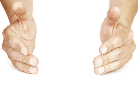 two hands in close-up isolated on white background, selective focus on nearest partの写真素材