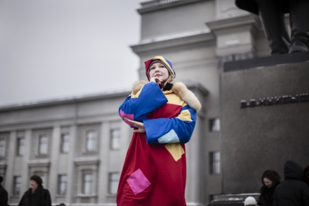 Samara,Russia-February 26,2012:Russian young woman during celebration of the pancake week Maslenitsaのeditorial素材