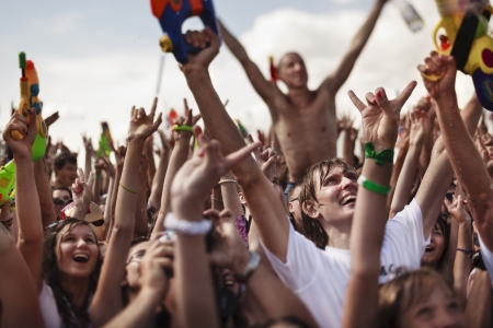 Samara ,Russia -July 22,2012:a lot of teens take a part of Water Wars flashmob, photo made with tilt-shift lensのeditorial素材