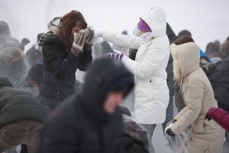 Samara,Russia- January 28, 2012: many russian students take a part in massive snowball fight .Exact location:The Frozen Volga river near Samara upper beachのeditorial素材