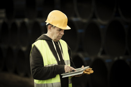 builder with small computer and gloves, selective focus on faceの写真素材