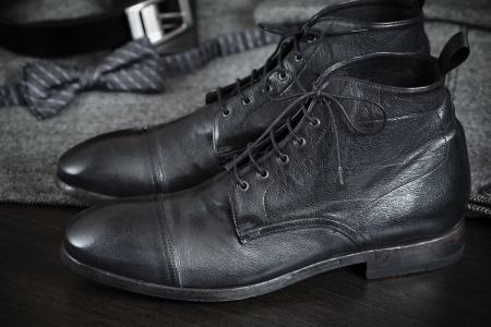 premium leather hand-made shoes, selective focus on nearest partの写真素材