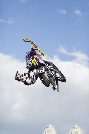 SAMARA, RUSSIA - JULY 19 : Colten Moore (USA) performs a backflip on a snowmobile  during Adrenalin Rush FMX show July 19,2013 in Samara, Russiaのeditorial素材