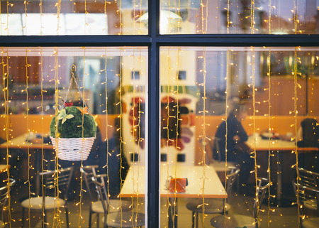holiday lights in the window, selective focusの写真素材