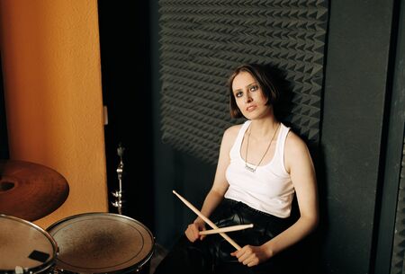 young musician  in recording studio, selective focusの写真素材