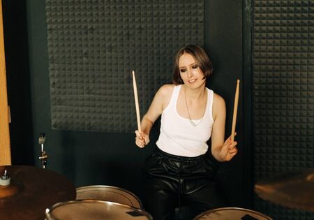 young musician  in recording studio, selective focusの写真素材