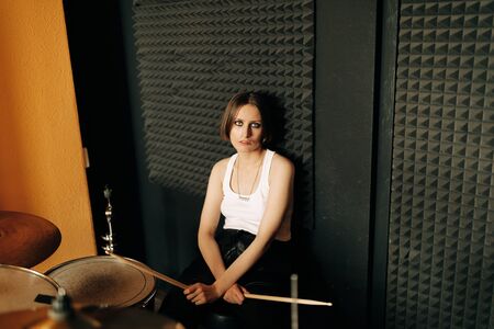 young musician  in recording studio, selective focusの写真素材