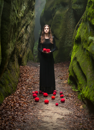 Alone beautiful girl in a fairy forest on the background of stones, overgrown with moss. Portrait of a brunette in a black dress that stands near the rocks and holds in his handsの写真素材