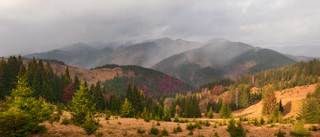 Landscape with colorful forest. Hiking Travel Lifestyle concept beautiful mountains landscape on background Autumn vacations activity outdoor.の写真素材