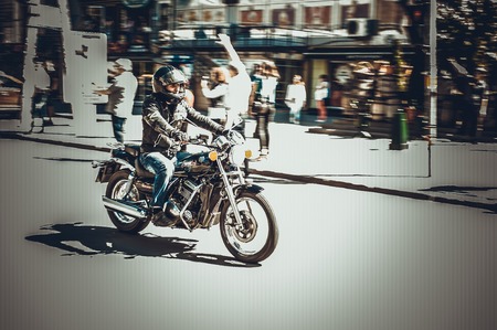 Colored photos with bikers who are riding in the parade. Ukraine, Ivano-Frankivsk, 12 may, 2018. Opening of the biker season.のeditorial素材