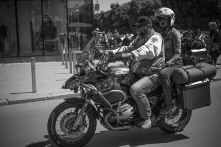 Black and white photos of bikers who are preparing for the parade in honor of opening the season. Ukraine, Ivano-Frankivsk, 12 May, 2018. Opening of the biker seasonのeditorial素材