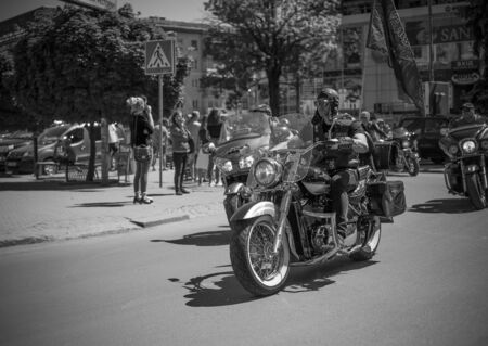 Black and white photos of bikers who are preparing for the parade in honor of opening the season. Ukraine, Ivano-Frankivsk, 12 May, 2018. Opening of the biker seasonのeditorial素材