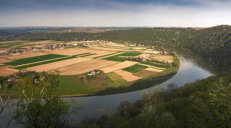 Bird's eye view. Panoramic photo of a beautiful village in the spring season.