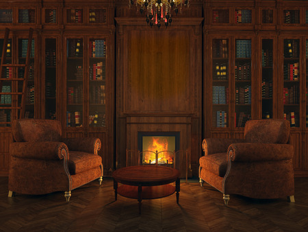 chairs and libraries around the fireplaceの写真素材