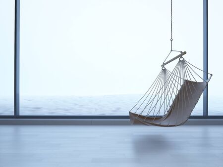 3d rendering hanging chair in an empty room on light parquet floor and snow outside the window.の写真素材