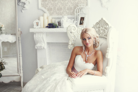 Portrait of a woman in a white dress on her wedding dayの写真素材
