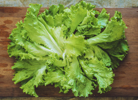 Large amount of green lettuce on wooden Boardの写真素材