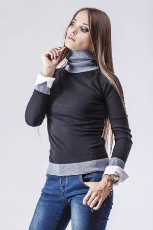 Fashion model beautiful woman Studio photography. Fashion, beauty, sexy, makeup, clothing, laughの写真素材