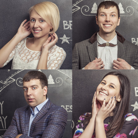 Portraits of men and women on the background walls are covered with Christmas wordsの写真素材
