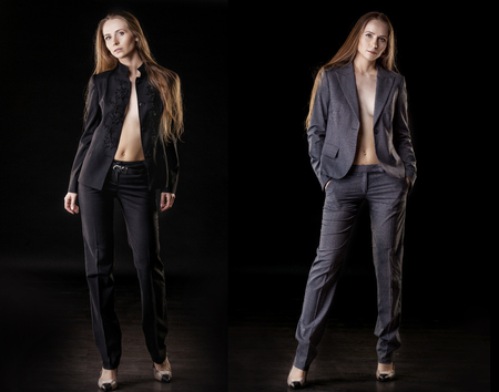 Model beautiful women in fashionable clothes and accessories shot isolated on a black background in the Studioの写真素材