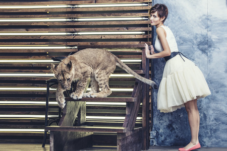 Beautiful fashionable young woman with a cute little alive lion cubの写真素材