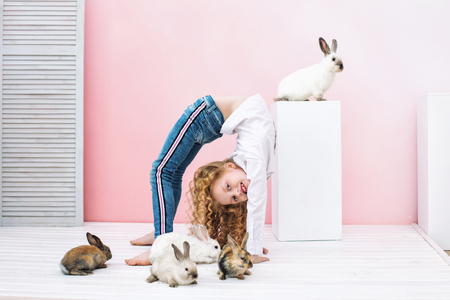 Beautiful child girl with curly hair and with fluffy animals rabbits on pink backgroundの写真素材