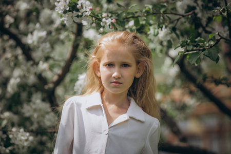 A sweet beautiful child girl against the background of blooming apple trees in the gardenの写真素材