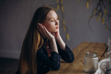 Blonde model, girl, teenager in studio in dress with interior with tableの写真素材