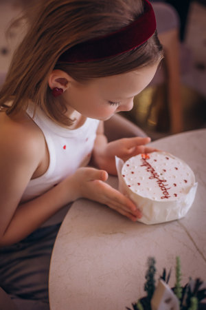 A child girl in a cafe at a table with a cake on the day of the holiday is happy and sweet