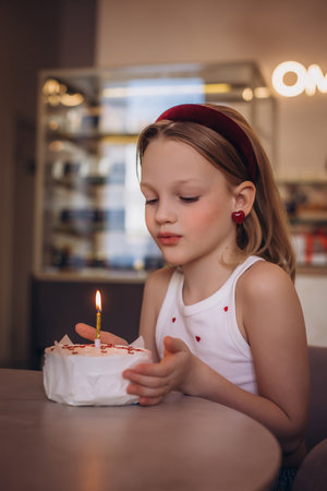 A child girl in a cafe at a table with a cake on the day of the holiday is happy and sweetの写真素材
