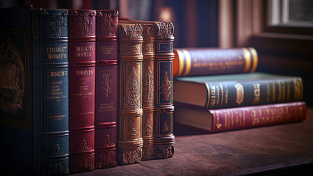 Old books on wooden table in dark room. Retro style toned imageの素材