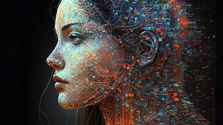 3D rendering of a female cyborg with circuit board on her faceの素材