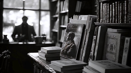 Books on the table in a library. Black and white photo.の素材