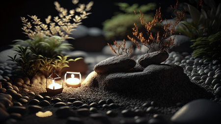 3d rendering of a fantasy landscape with a lantern and stones.の素材