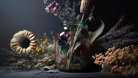Still life with dried flowers in a glass jar on a dark backgroundの素材