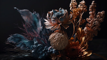 Still life with dried flowers on a black background, close-upの素材