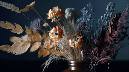 Dried flowers in vase on dark background. Selective focus.の素材
