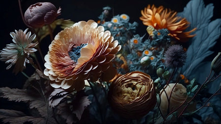 Beautiful bouquet of dried flowers on a dark background. Still lifeの素材