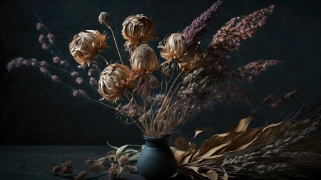 Still life with dried flowers in a vase on a dark backgroundの素材