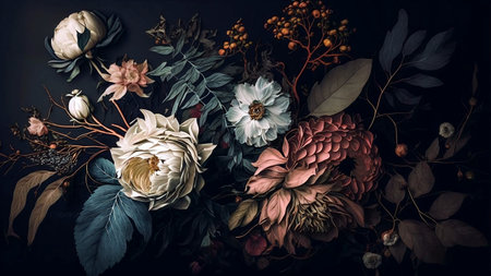 Dahlia, dahlia, rose, peony, leaves on a dark backgroundの素材