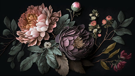Vintage floral bouquet with dahlias, roses, peonies, leaves and branches on dark backgroundの素材