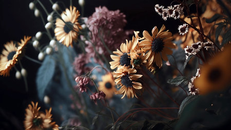 Bouquet of dried flowers on a dark background. Selective focus.の素材