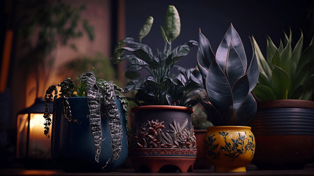 Variety of houseplants in pots on a wooden shelf.の素材